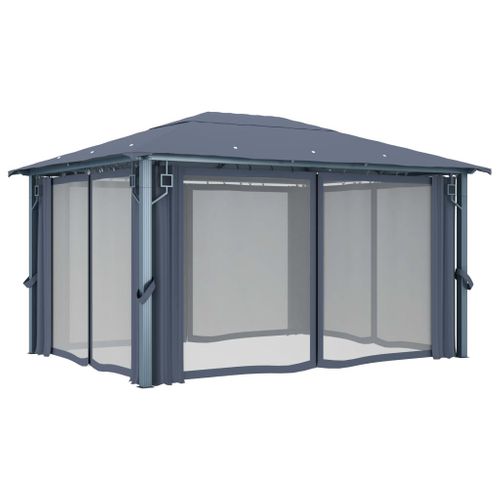 Tonnelle Avec Rideau Et Lumières LED 4x3 M Anthracite Aluminium Belvédère Pavillon Extérieur