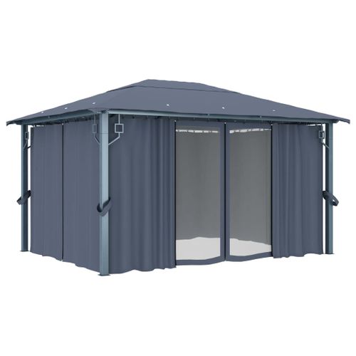 Tonnelle Avec Rideau Et Lumières LED 4x3 M Anthracite Aluminium Belvédère Pavillon Extérieur