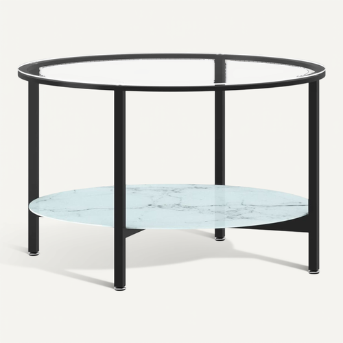 Table À Thé Noir Et Marbre Blanc 70 Cm Verre Trempé