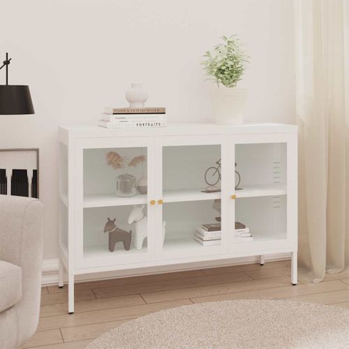 Buffet Blanc 105x35x70 Cm Acier Et Verre