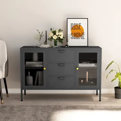 Buffet Anthracite 105x35x70 Cm Acier Et Verre Trempé