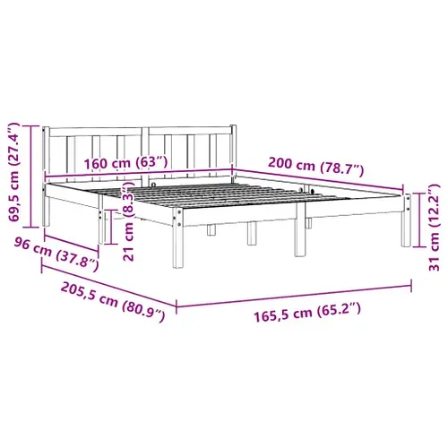 Cadre De Lit Lot 1 Bois Massif Pin Naturel 160x200 Cm Double Haut Robuste