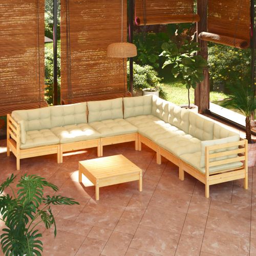 Salon De Jardin 8 Pièces Avec Coussins Crème Bois De Pin Massif Modulaire