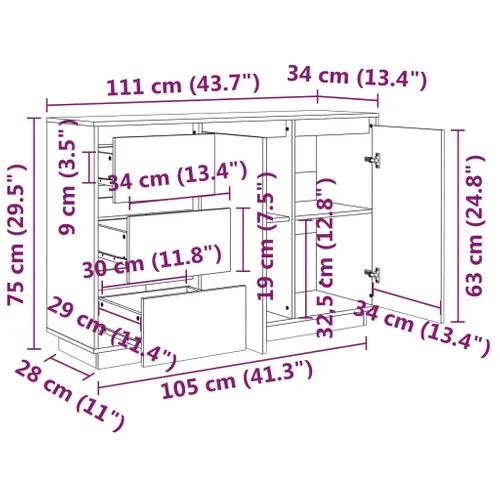 Buffet Avec 2 Portes et 3 Tiroirs 111x34x75 Cm Bois Massif Pin