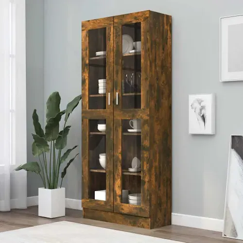 Armoire À Vitrine 82,5x30,5x185,5 Cm Chêne Fumé Bois Contreplaqué 2 Portes Verre