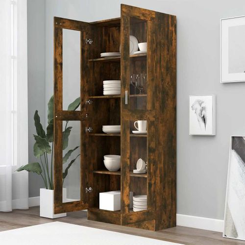 Armoire À Vitrine 82,5x30,5x185,5 Cm Chêne Fumé Bois Contreplaqué 2 Portes Verre