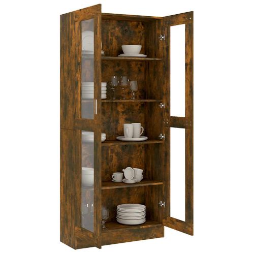 Armoire À Vitrine 82,5x30,5x185,5 Cm Chêne Fumé Bois Contreplaqué 2 Portes Verre