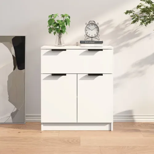 Buffet En Bois Contreplaqué Blanc 60x30x70 Cm, 1 Tiroir, 2 Portes, Meuble De Rangement
