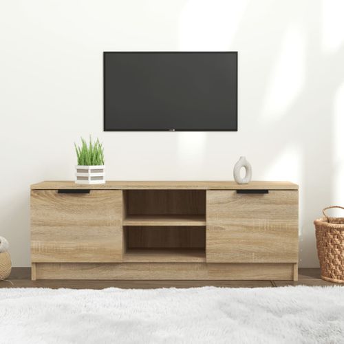 Meuble TV En Chêne Sonoma 102x35x36,5 Cm Avec 2 Compartiments Fermés 2 Compartiments Ouverts