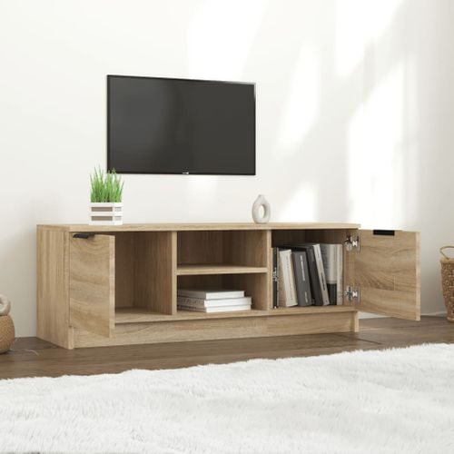 Meuble TV En Chêne Sonoma 102x35x36,5 Cm Avec 2 Compartiments Fermés 2 Compartiments Ouverts