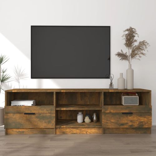 Meuble TV 150x33,5x45 Cm Chêne Fumé Bois Contreplaqué Tiroirs Étagères Rangement Supérieur