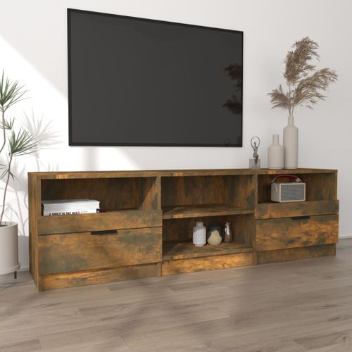 Meuble TV 150x33,5x45 Cm Chêne Fumé Bois Contreplaqué Tiroirs Étagères Rangement Supérieur