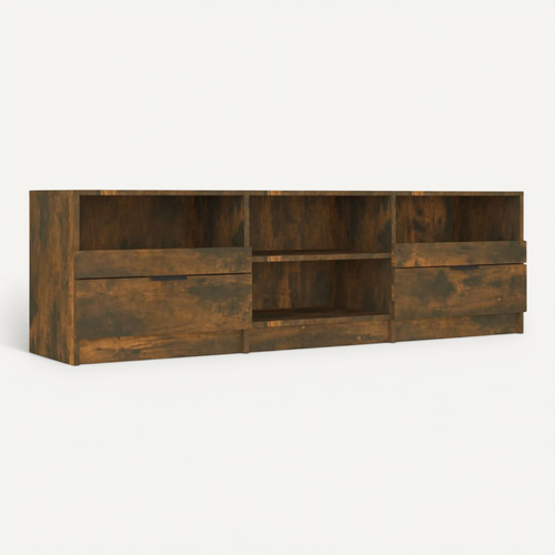 Meuble TV 150x33,5x45 Cm Chêne Fumé Bois Contreplaqué Tiroirs Étagères Rangement Supérieur