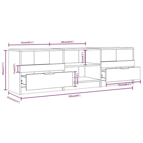 Meuble TV 150x33,5x45 Cm Chêne Fumé Bois Contreplaqué Tiroirs Étagères Rangement Supérieur