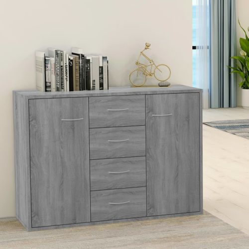 Buffet Gris Sonoma 88x30x65 Cm Avec 4 Tiroirs 2 Portes Meuble Rangement Salon