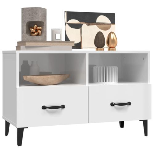 Meuble TV Blanc Brillant 80x36x50 Cm Bois Contreplaqué