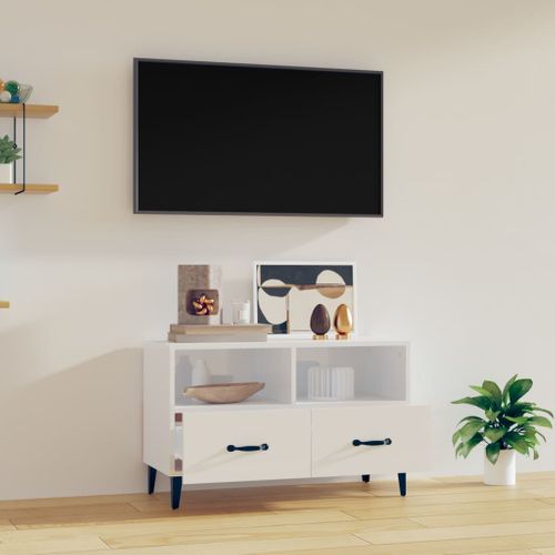 Meuble TV Blanc Brillant 80x36x50 Cm Bois Contreplaqué