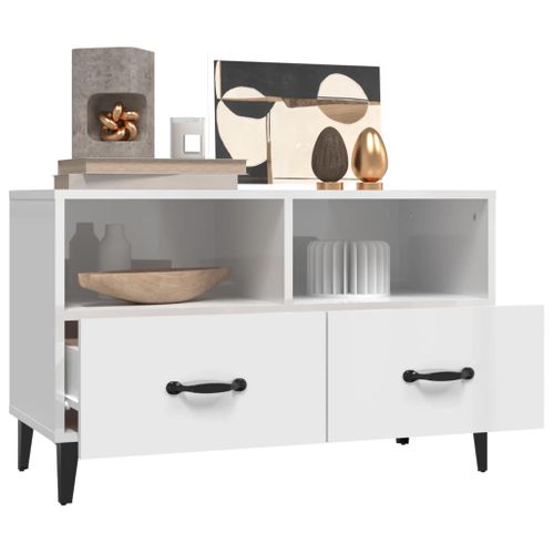 Meuble TV Blanc Brillant 80x36x50 Cm Bois Contreplaqué
