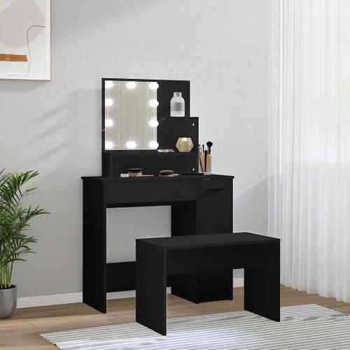 Ensemble De Coiffeuse Avec LED Noir Bois Contreplaqué