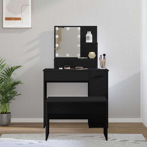 Ensemble De Coiffeuse Avec LED Noir Bois Contreplaqué
