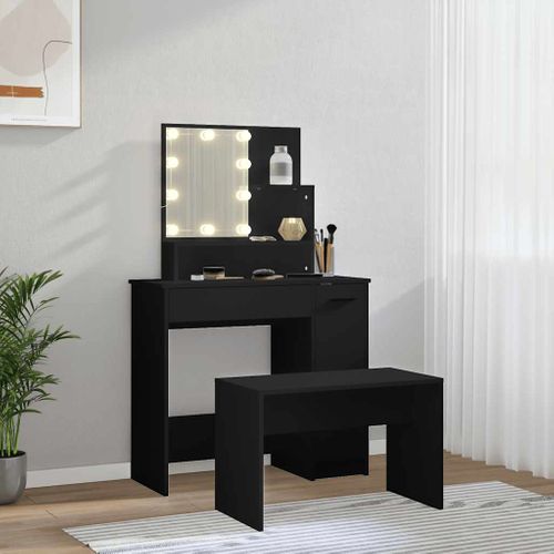 Ensemble De Coiffeuse Avec LED Noir Bois Contreplaqué