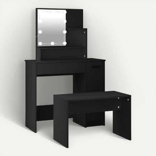 Ensemble De Coiffeuse Avec LED Noir Bois Contreplaqué