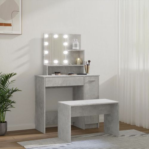 Ensemble De Coiffeuse Avec LED Gris Béton Bois Contreplaqué