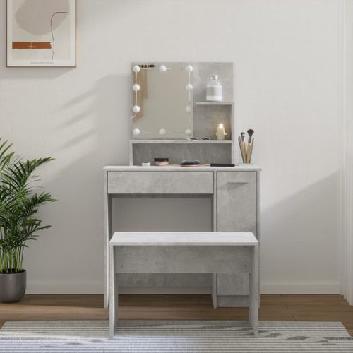Ensemble De Coiffeuse Avec LED Gris Béton Bois Contreplaqué