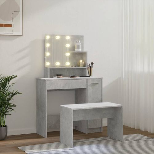 Ensemble De Coiffeuse Avec LED Gris Béton Bois Contreplaqué