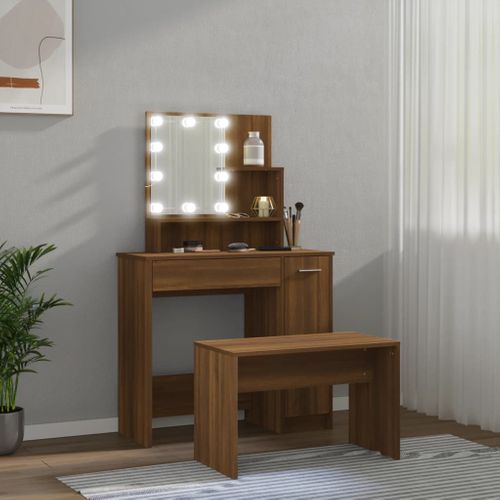 Ensemble De Coiffeuse En Bois Contreplaqué De Chêne Brun Avec Miroir LED Et Tabouret USB