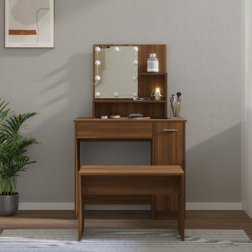 Ensemble De Coiffeuse En Bois Contreplaqué De Chêne Brun Avec Miroir LED Et Tabouret USB