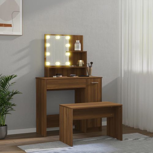 Ensemble De Coiffeuse En Bois Contreplaqué De Chêne Brun Avec Miroir LED Et Tabouret USB