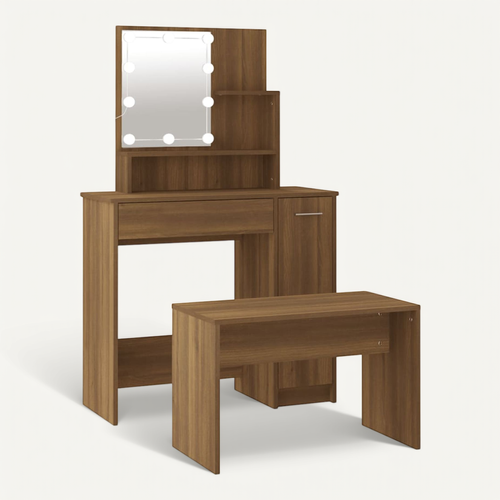 Ensemble De Coiffeuse En Bois Contreplaqué De Chêne Brun Avec Miroir LED Et Tabouret USB
