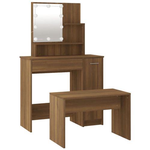 Ensemble De Coiffeuse En Bois Contreplaqué De Chêne Brun Avec Miroir LED Et Tabouret USB