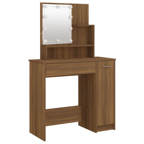 Ensemble De Coiffeuse En Bois Contreplaqué De Chêne Brun Avec Miroir LED Et Tabouret USB