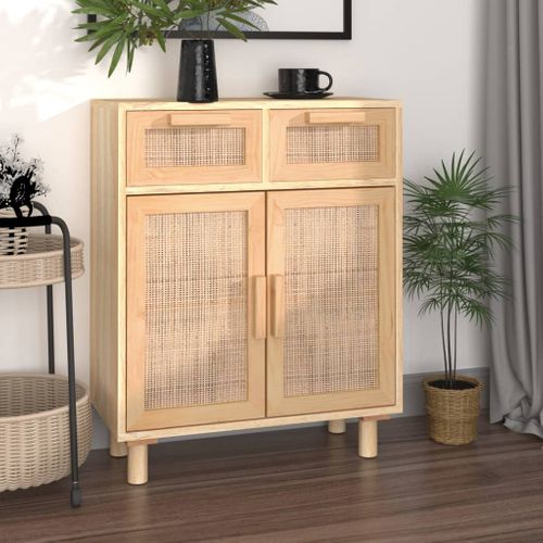 Buffet Marron 60x30x75 Cm Bois De Pin Massif Et Rotin Naturel