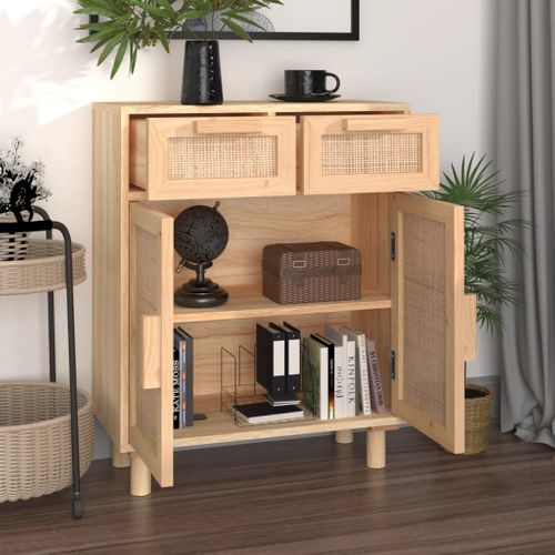 Buffet Marron 60x30x75 Cm Bois De Pin Massif Et Rotin Naturel