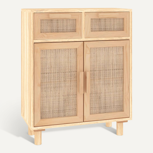 Buffet Marron 60x30x75 Cm Bois De Pin Massif Et Rotin Naturel