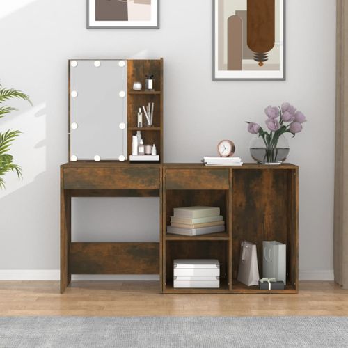 Coiffeuse À LED Avec Armoire Chêne Fumé Bois Contreplaqué