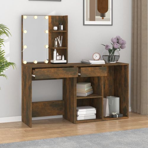 Coiffeuse À LED Avec Armoire Chêne Fumé Bois Contreplaqué