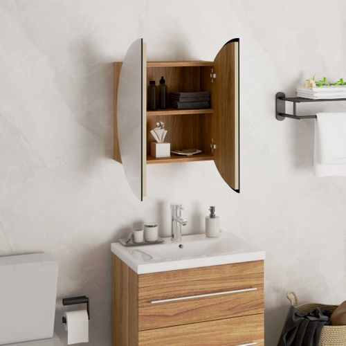 Armoire De Salle De Bain Miroir Rond Et LED Chêne 40x40x17,5 Cm