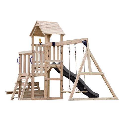 Mette Aire De Jeux En Bois Avec 2 Balançoires, Toboggan Gris, Table De Pique Nique / Aire De