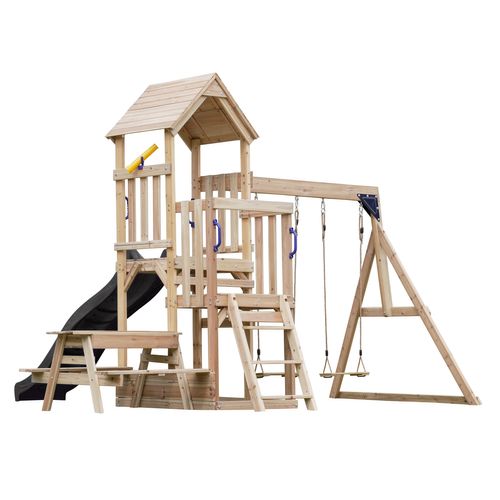 Mette Aire De Jeux En Bois Avec 2 Balançoires, Toboggan Gris, Table De Pique Nique / Aire De