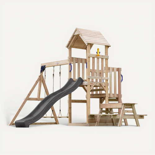 Mette Aire De Jeux En Bois Avec 2 Balançoires, Toboggan Gris, Table De Pique Nique / Aire De
