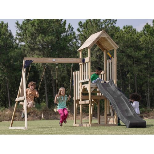 Mette Aire De Jeux En Bois Avec 2 Balançoires, Toboggan Gris, Table De Pique Nique / Aire De