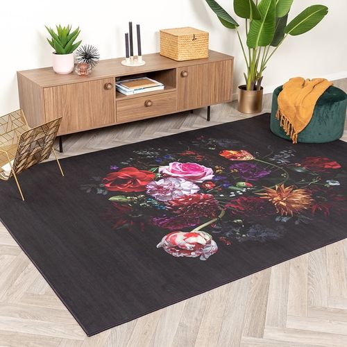 Tapis à Fleurs - Florine Noir/rose - Rectangle - 160x230 Cm