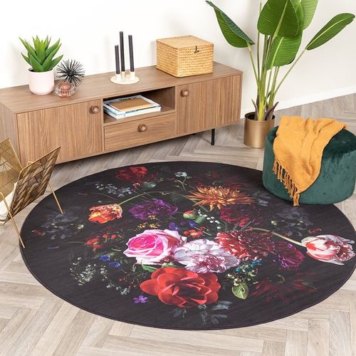 Tapis Rond à Fleur - Florine Noir/rose - Rond - D. 100 Cm