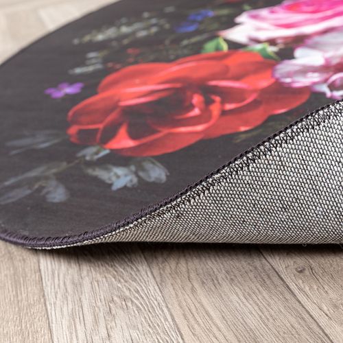 Tapis Rond à Fleur - Florine Noir/rose - Rond - D. 100 Cm
