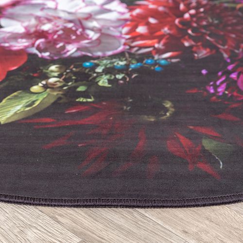 Tapis Rond à Fleur - Florine Noir/rose - Rond - D. 100 Cm
