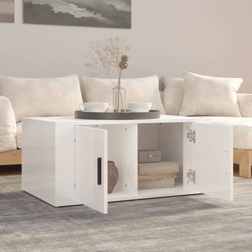 Table Basse Blanc Brillant 80x50x36 Cm Bois Contreplaqué